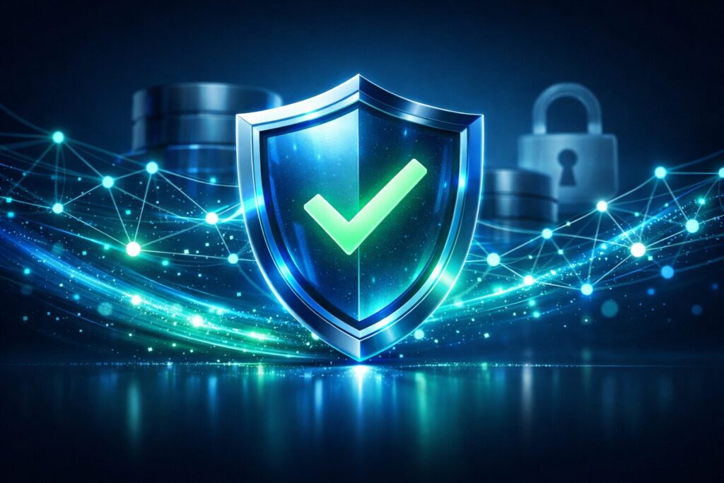 Protection and safety with a prominent glowing shield and checkmark
